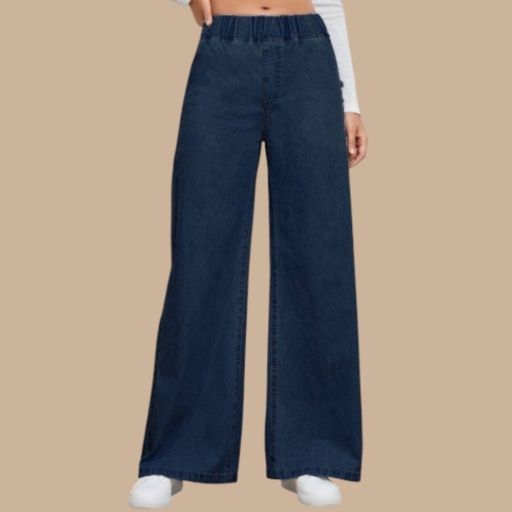 EUC SHEIN Dark Blue Wide Leg Jeans Size XL Elastic Waist 100% Cotton